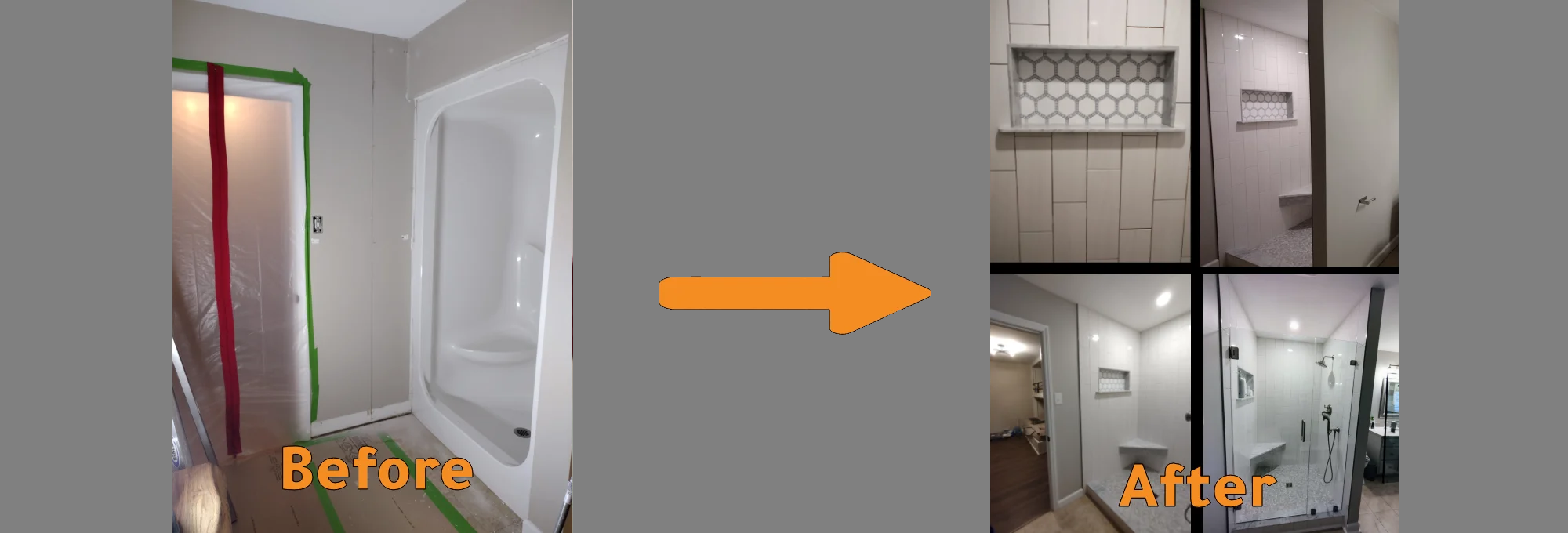 Comparison Image between the original bathroom and the renovated bathroom by Joe Minerd of J.M. Tile & Stone