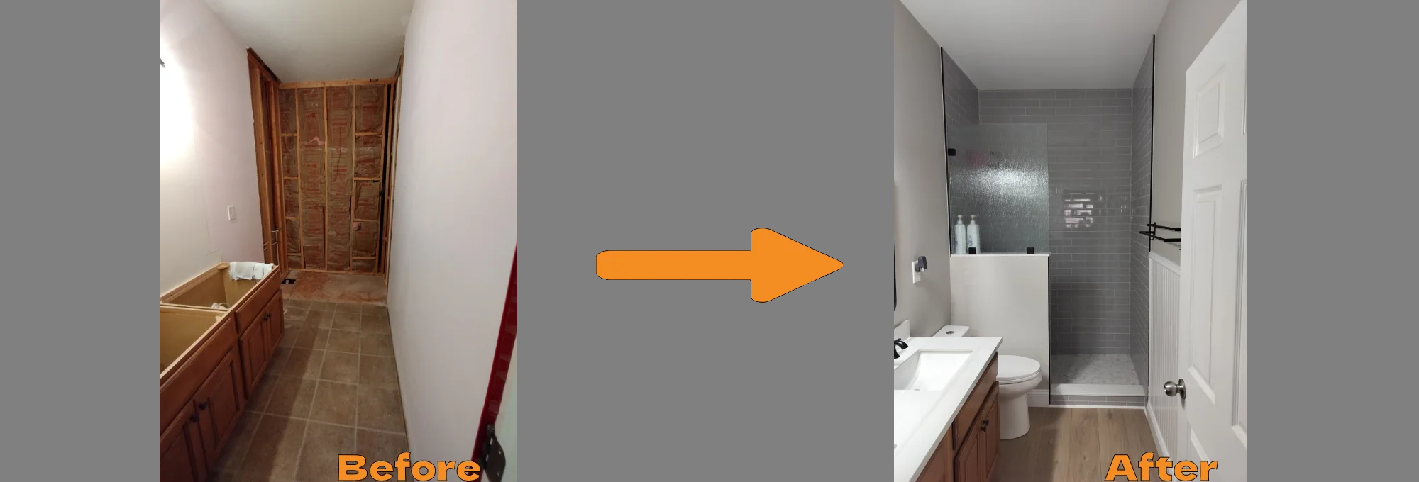 Comparison Image between the original bathroom and the renovated bathroom by Joe Minerd of J.M. Tile & Stone