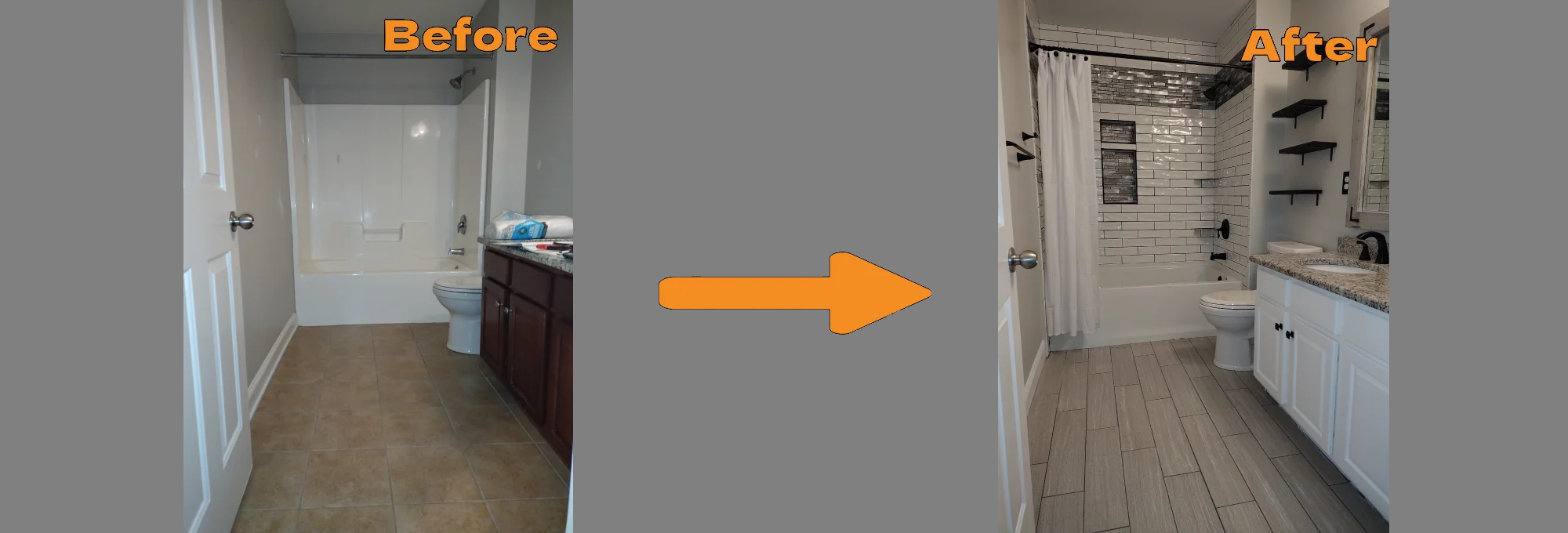 Comparison Image between the original bathroom and the renovated bathroom by Joe Minerd of J.M. Tile & Stone