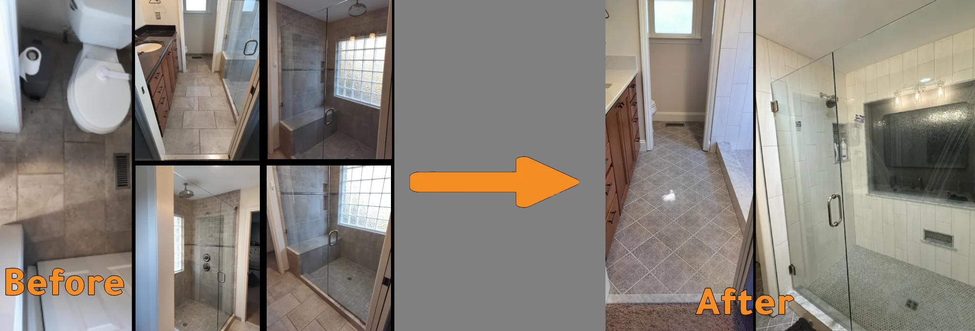 Comparison Image between the original bathroom and the renovated bathroom by Joe Minerd of J.M. Tile & Stone
