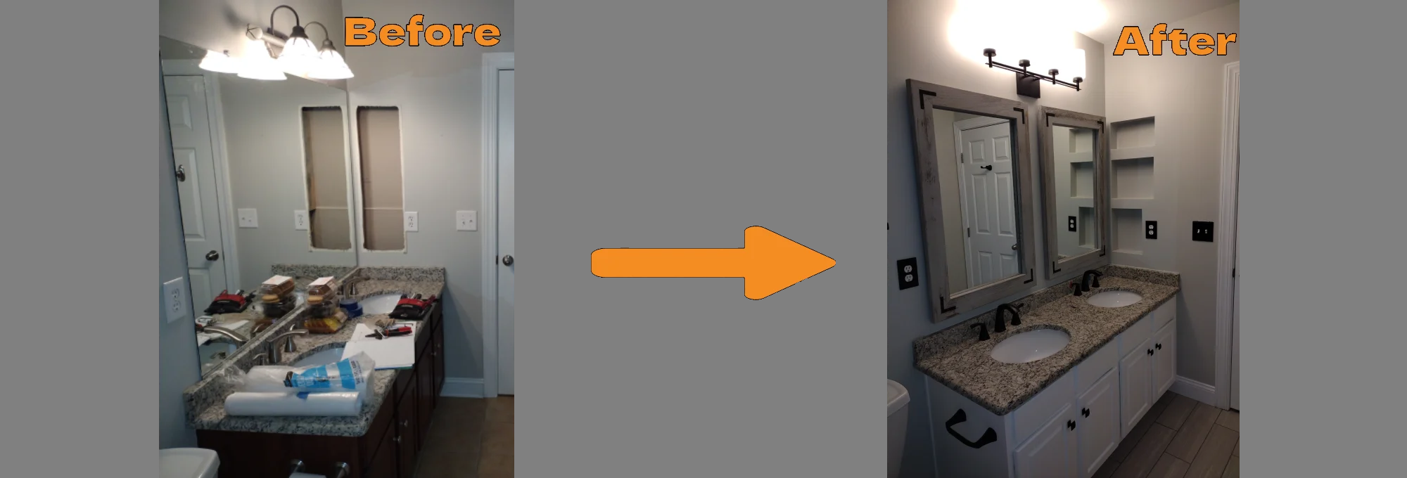 Comparison Image between the original bathroom and the renovated bathroom by Joe Minerd of J.M. Tile & Stone
